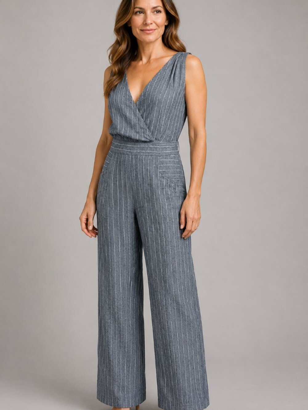 Current Air Linen Blend Pinstripe Deep V Wide Leg Jumpsuit L Coastal Minimalist